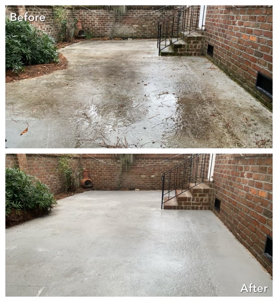 Griffin Power Wash before and after showing a concrete driveway in Saratoga Ny