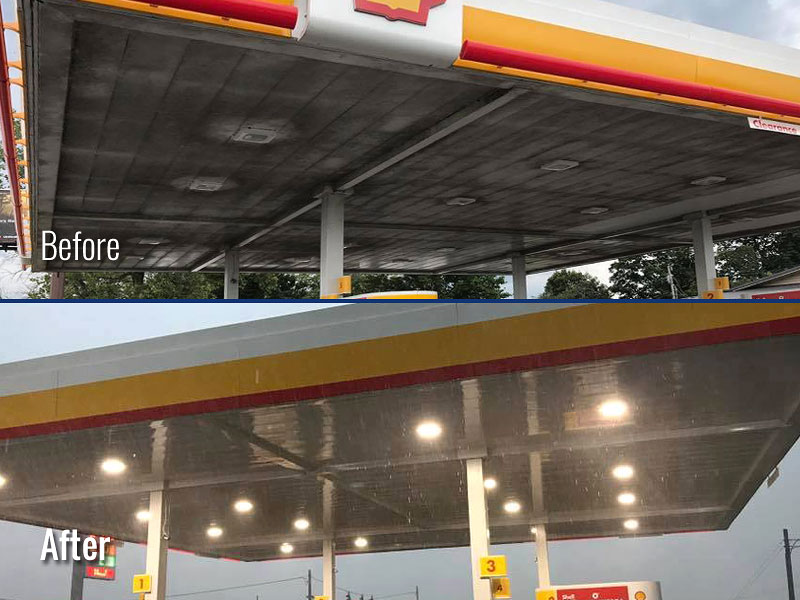 Image shows a gas station canopy that was soft washed and concrete surface cleaned in Hoosick Falls, NY