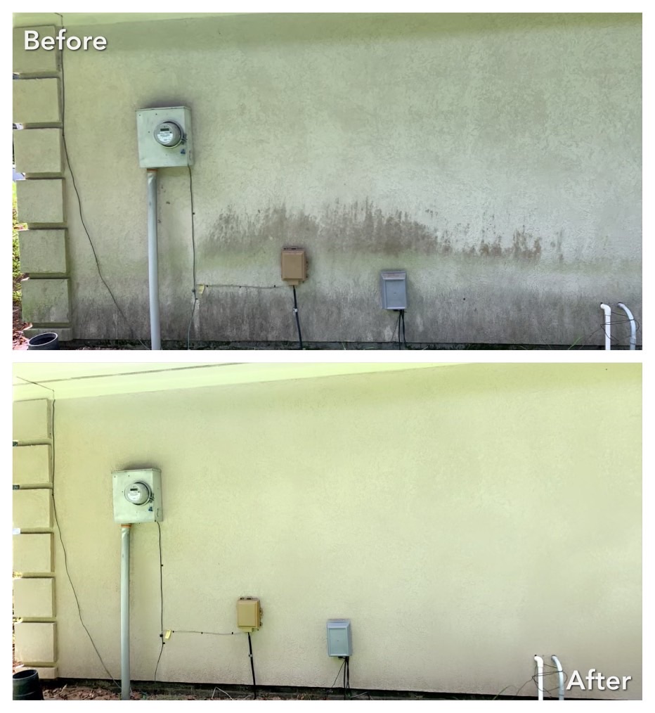 Image shows a commercial building being cleaned using a soft wash system in Albany County, NY