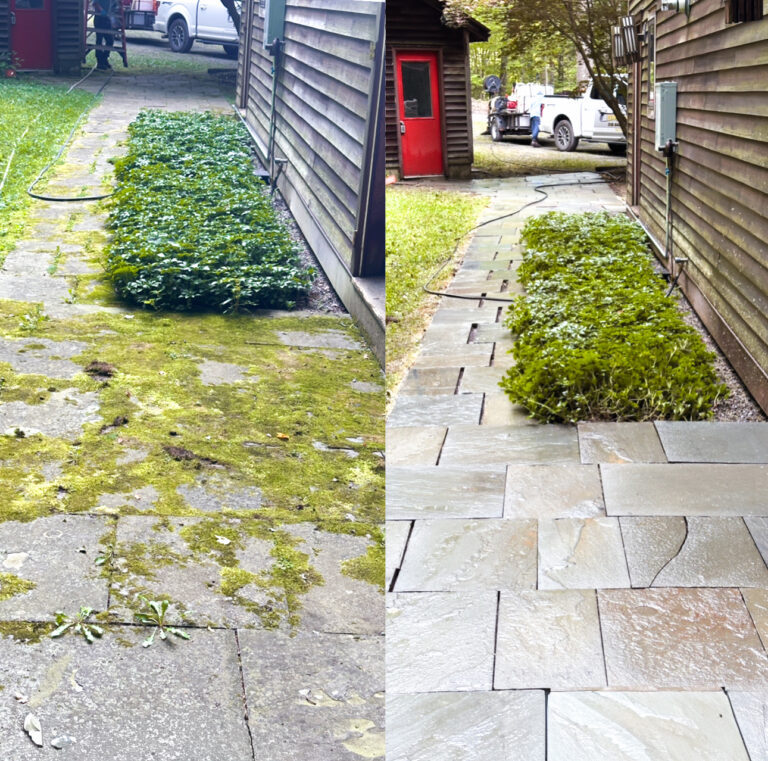 Professional bluestone sidewalk cleaning restoring stone color in Troy, NY