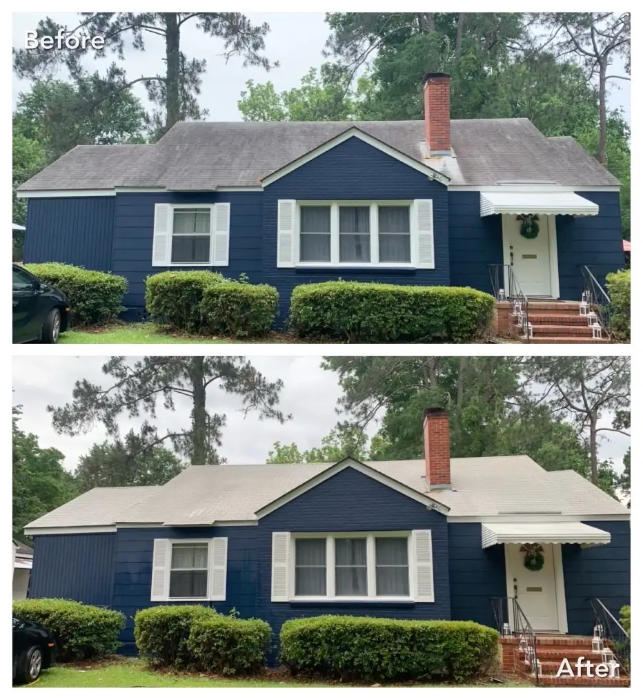 Before and after roof soft washing for black stains in the Capital Region, NY