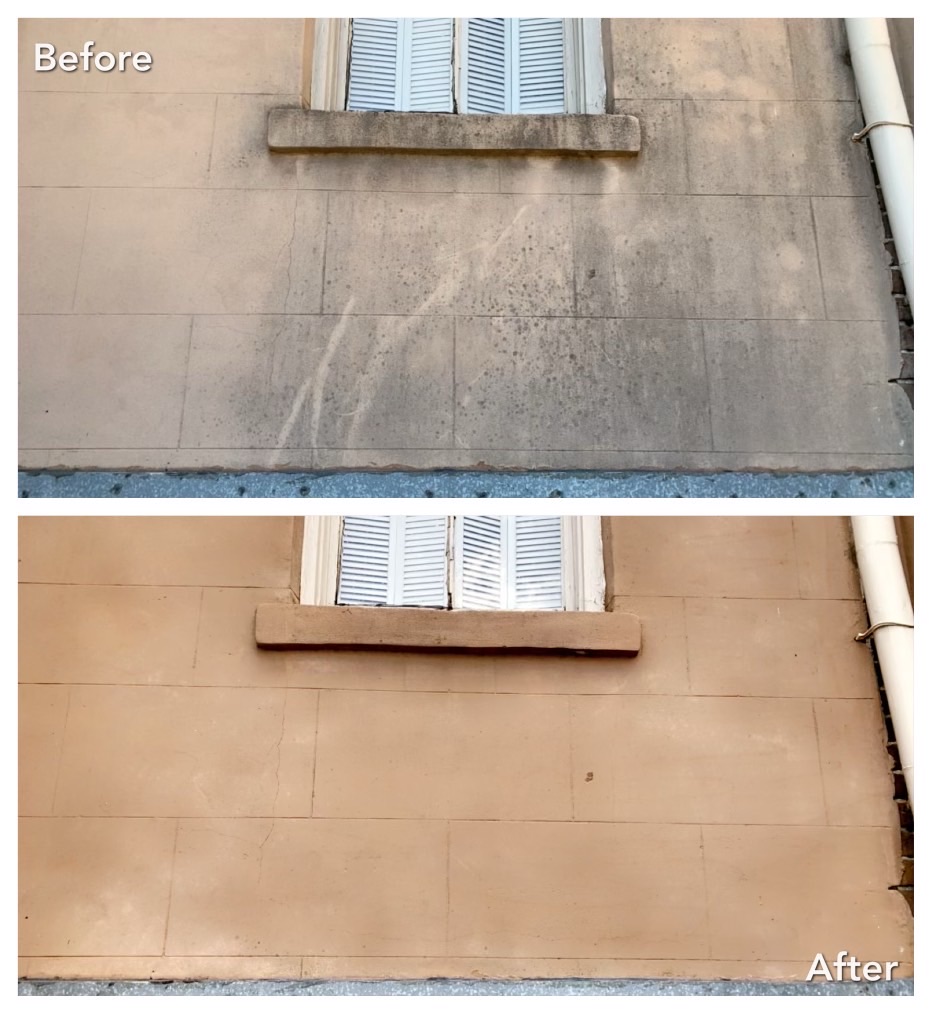 Before and after house washing in Ballston Spa, NY for algae and dark exterior stains