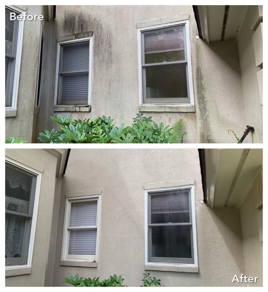 Brunswick, NY before and after exterior house wash clearing algae growth and black streaks