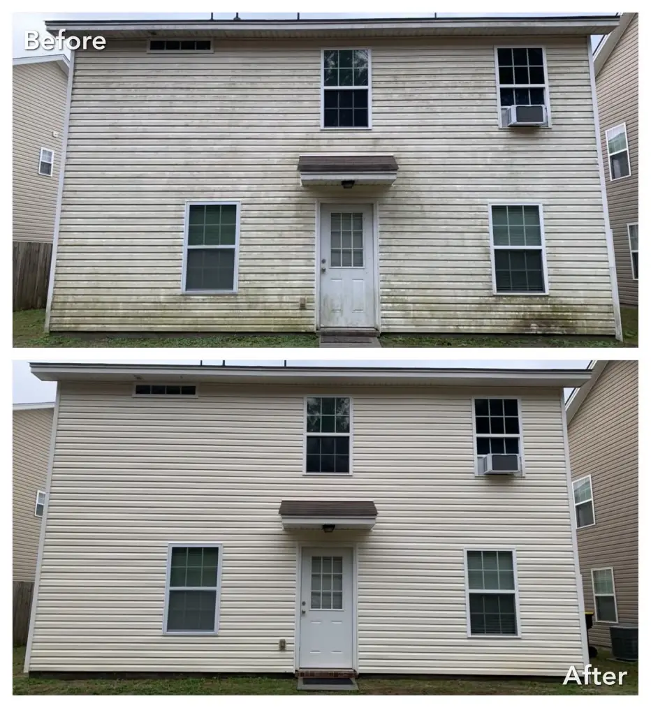 Hudson, NY before and after siding cleaning for algae growth and black discoloration