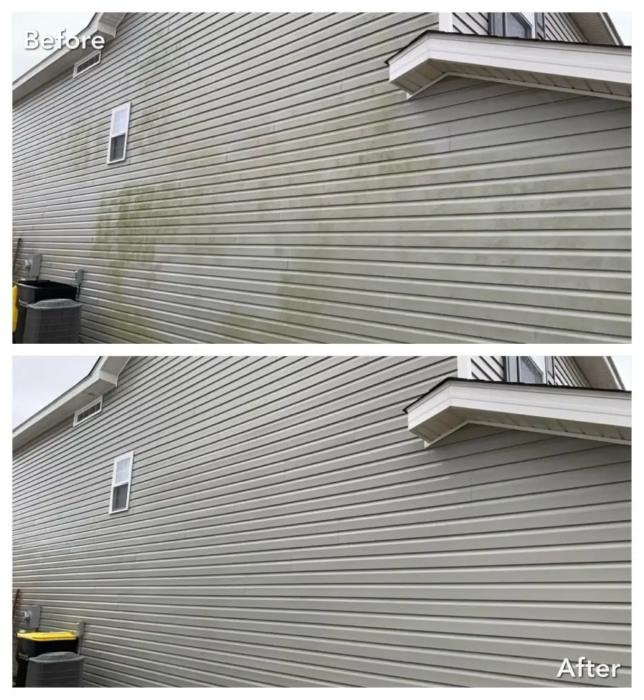 Loudonville, NY house wash before and after removing algae and black streak staining